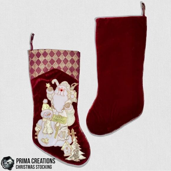VINTAGE CHRISTMAS STOCKING APPLIQUÉ SANTA & SNOWMAN VELVET FELT IN RED & GOLD - Picture 4 of 13